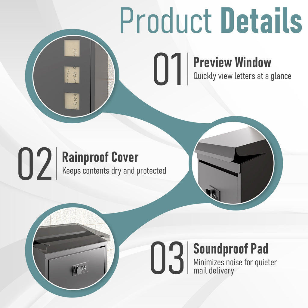 Large Steel Wall-Mounted Mailbox – Lockable Waterproof Outdoor Letter Box with Viewing Window