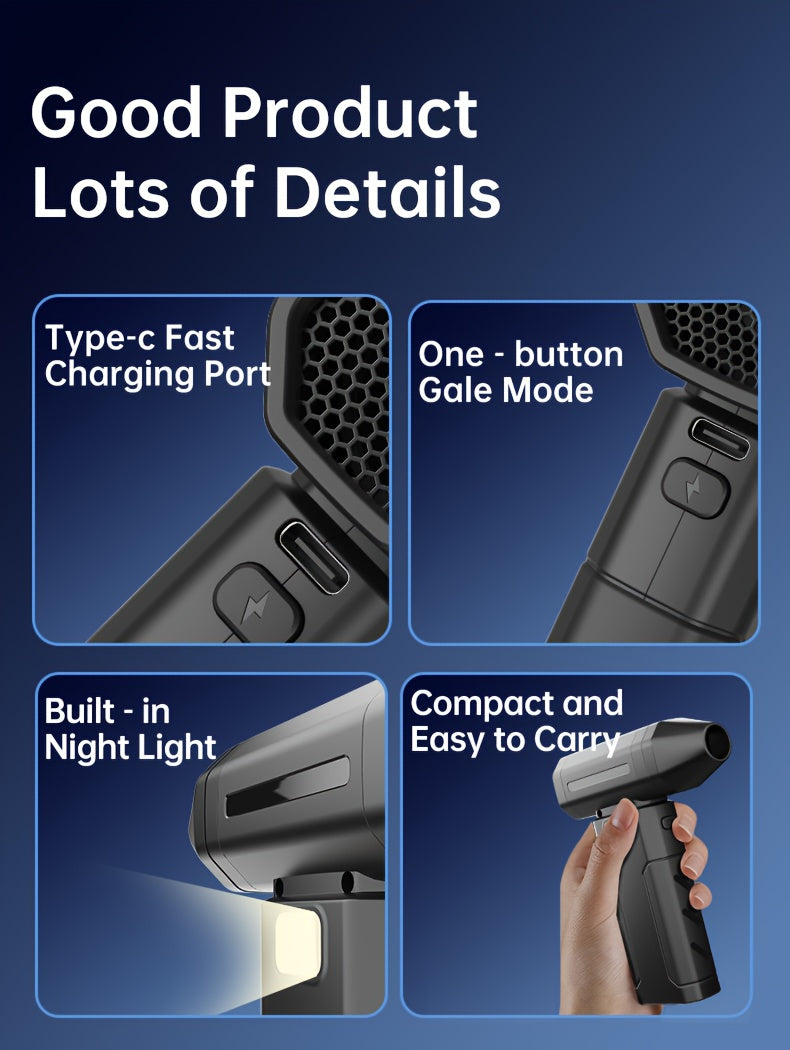 Ultra-powerful handheld fan that cools you down and blasts dust away. USB-C rechargeable. Perfect for travel desk car and camping.