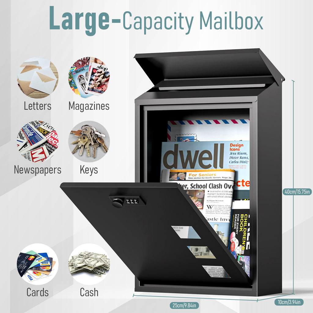 Large Steel Wall-Mounted Mailbox – Lockable Waterproof Outdoor Letter Box with Viewing Window